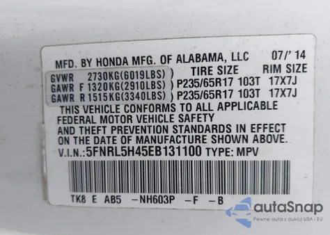 2014 Honda Odyssey Ex z USA, uszkodzony, nr VIN 5FNRL5H45EB131100